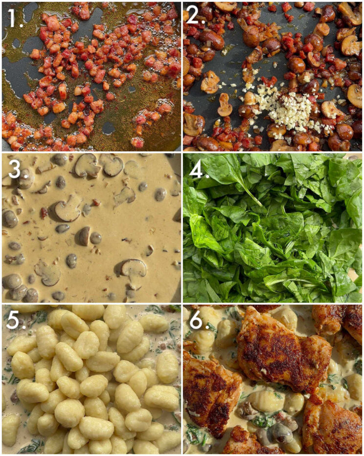 6 step by step photos showing how to make creamy chicken and gnocchi 