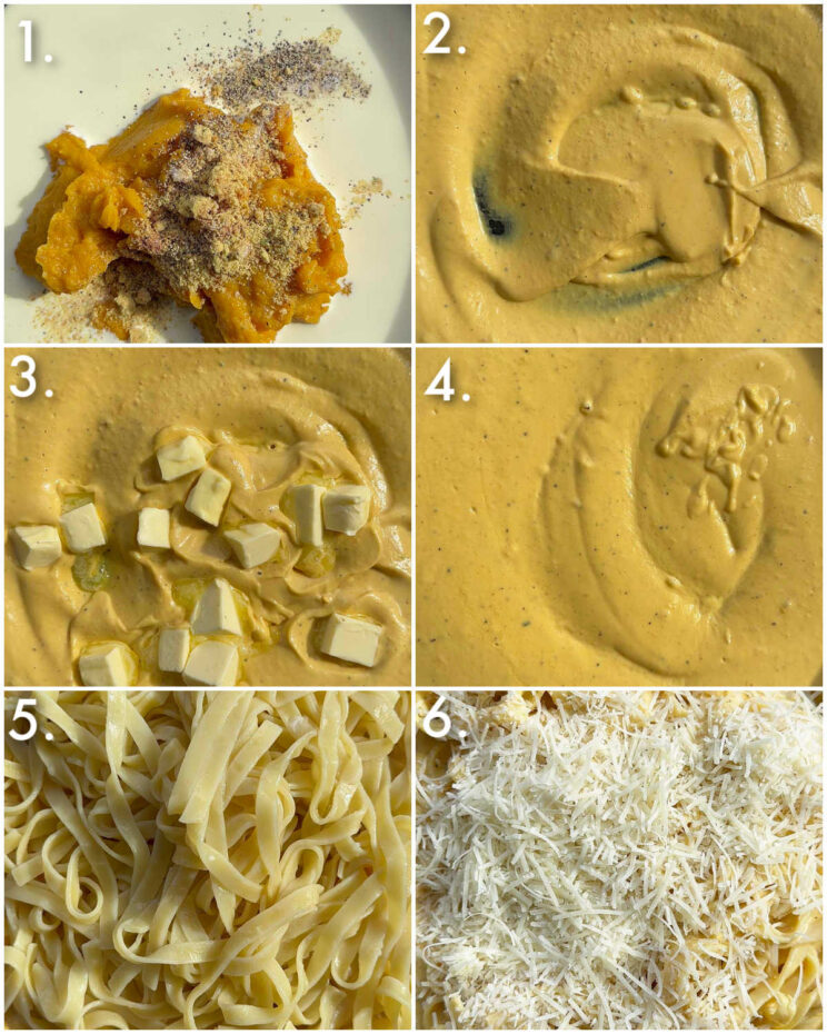 6 step by step photos showing how to make pumpkin alfredo