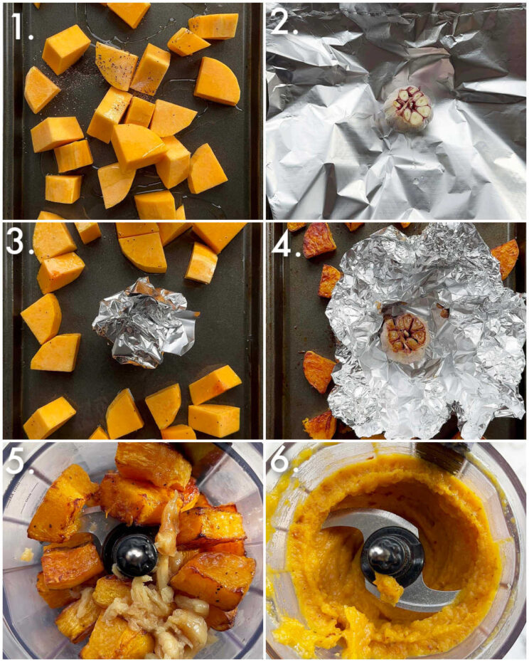6 step by step photos showing how to make pumpkin sauce for pasta