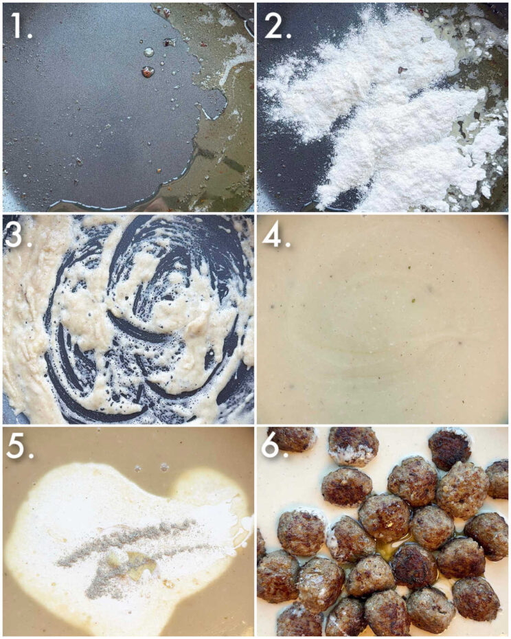 6 step by step photos showing how to make sauce for swedish meatballs