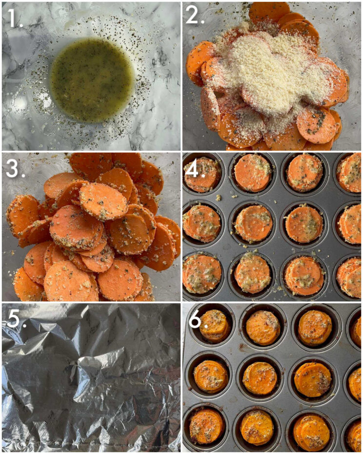 6 step by step photos showing how to make sweet potato stacks