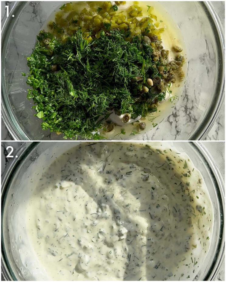 2 step by step photos showing how to make tartar sauce