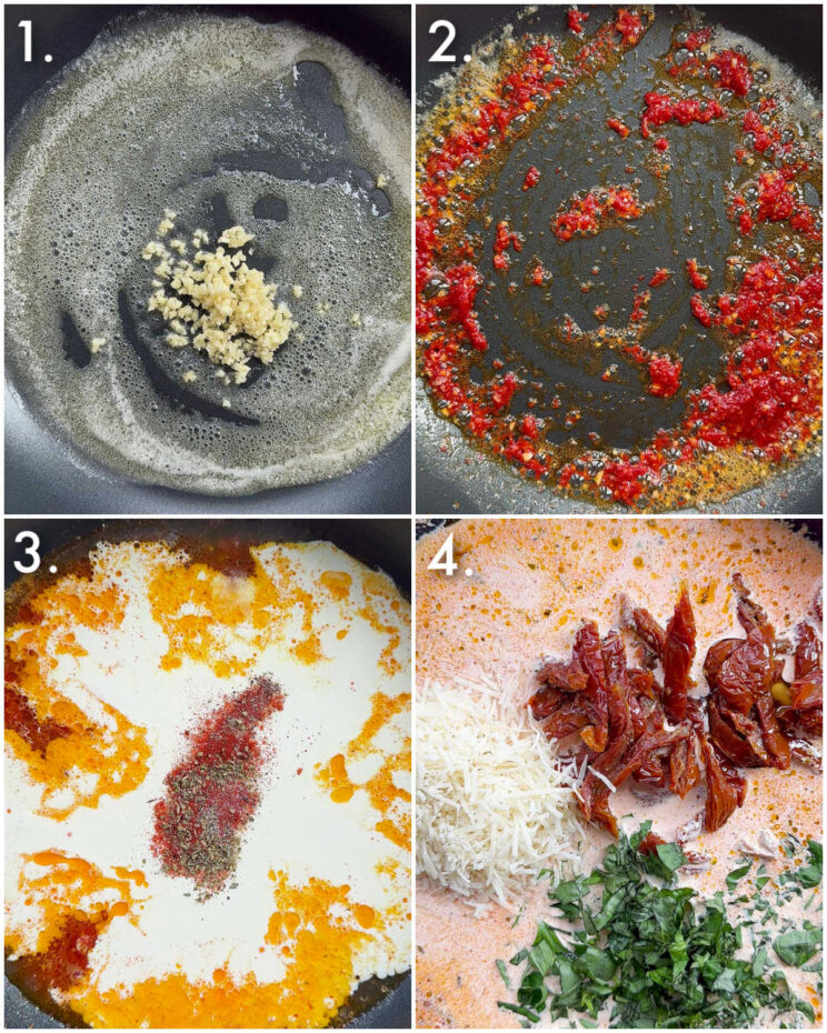4 step by step photos showing how to make Tuscan ravioli sauce