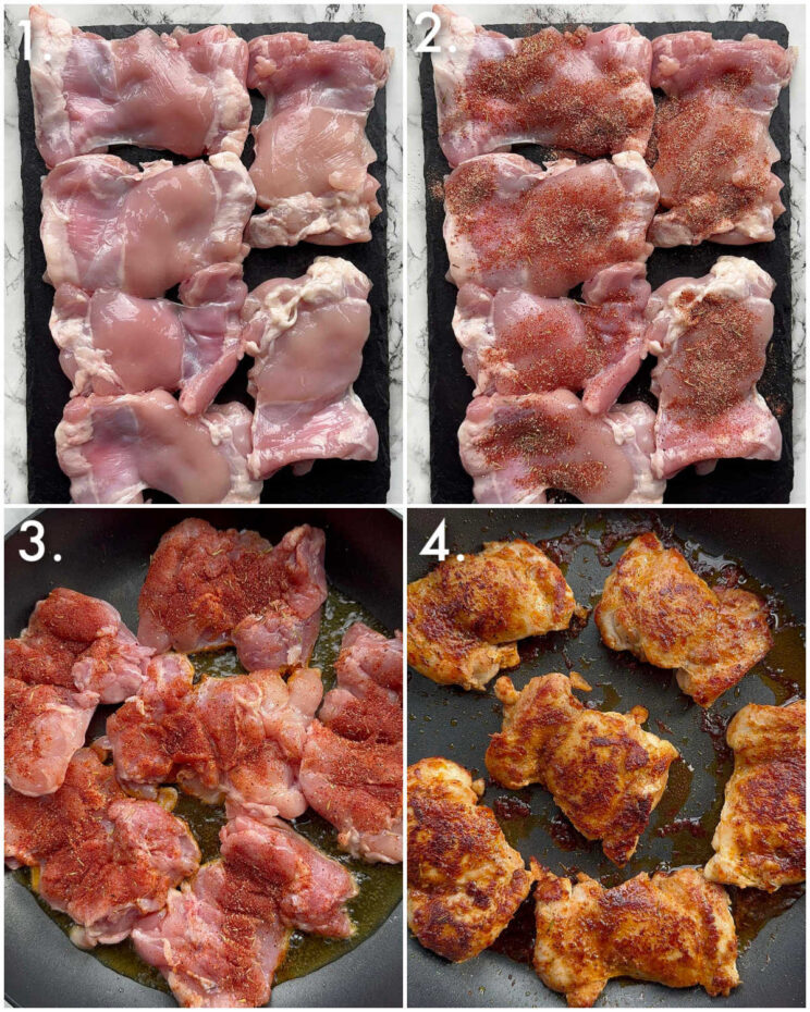 4 step by step photos showing how to prepare chicken thighs