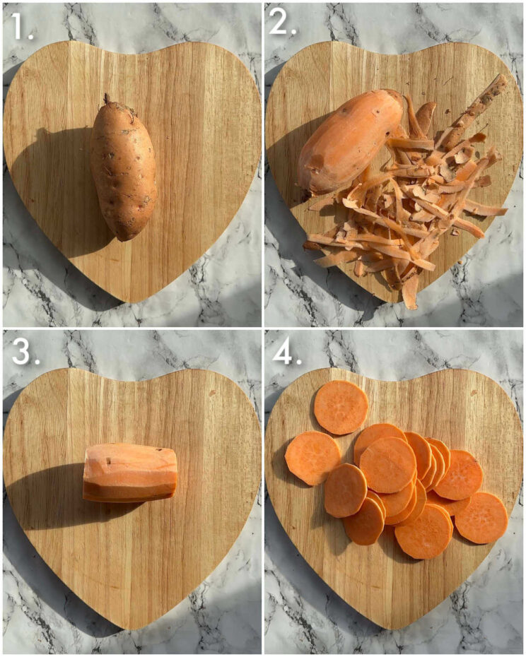 4 step by step photos showing how to slice sweet potato stacks