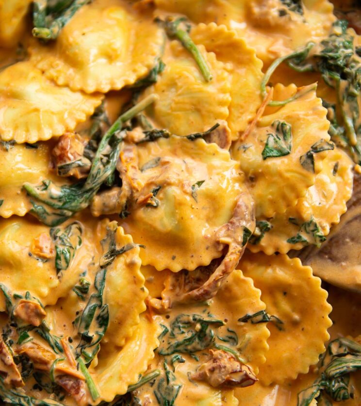 close up overhead shot of Tuscan ravioli in pan