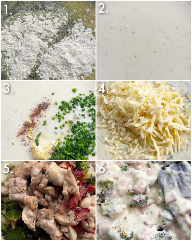 6 step by step photos showing how to make cheesy chicken and broccoli