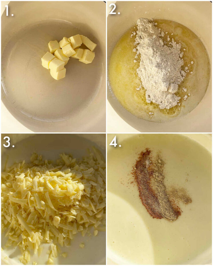 4 step by step photos showing how to make bechamel sauce for chicken lasagne