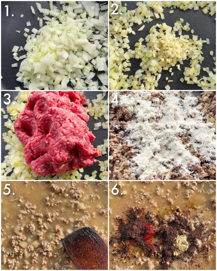 6 step by step photos showing how to make beef and onion pie filling