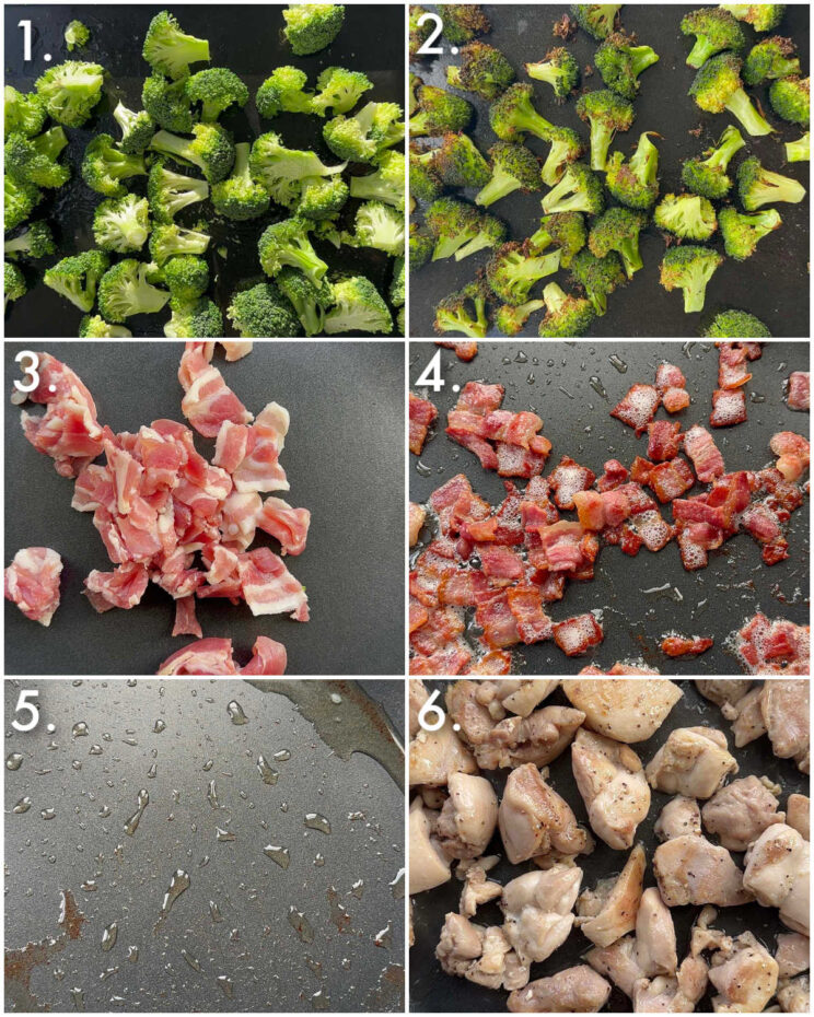6 step by step photos showing how to make chicken broccoli and bacon