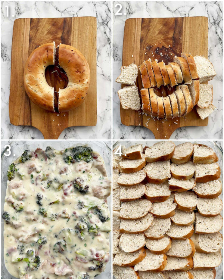 4 step by step photos showing how to make chicken broccoli bagel bake