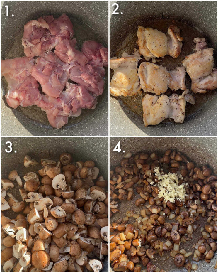 4 step by step photos showing how to make chicken and mushroom tetrazzini