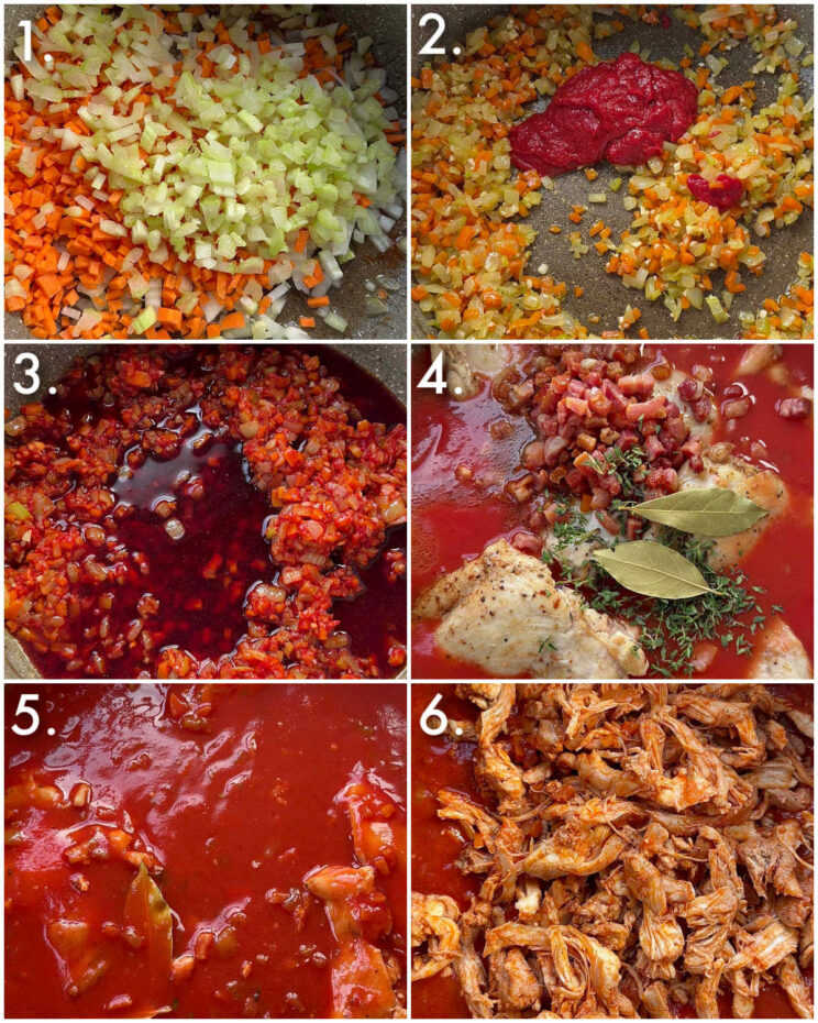 6 step by step photos showing how to make chicken ragu