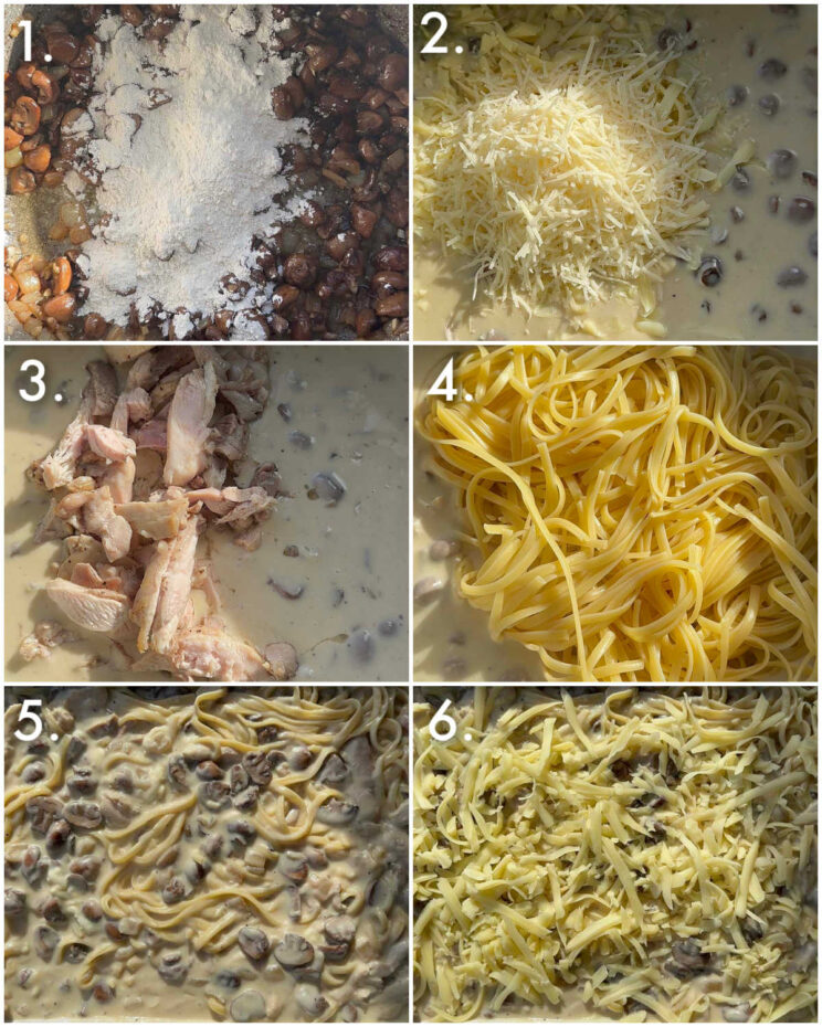 6 step by step photos showing how to make chicken tetrazzini
