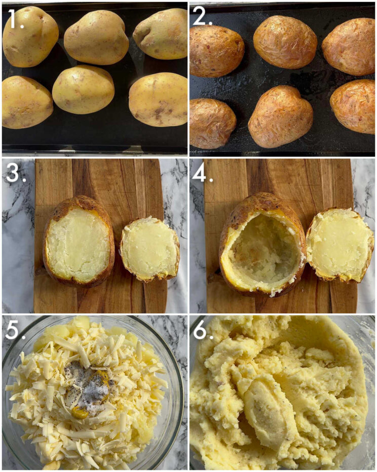 6 step by step photos showing how to make fish pie baked potatoes