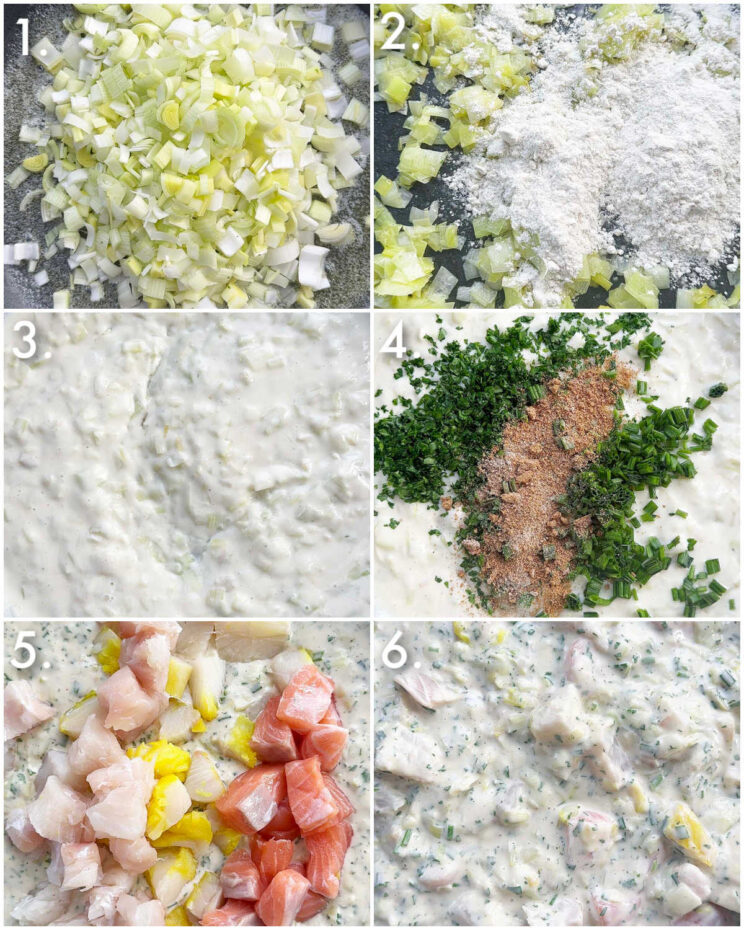 6 step by step photos showing how to make fish pie filling