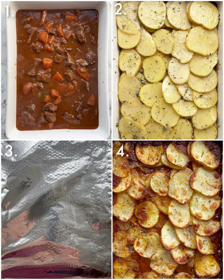4 step by step photos showing how to make steak and potato pie