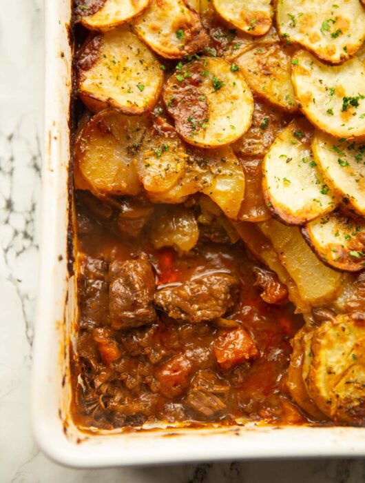 close up shot of steak and potato pie showing filling
