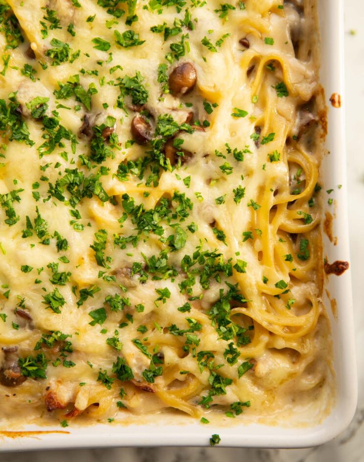 close up overhead shot of tetrazzini in large baking dish garnish with fresh parsley