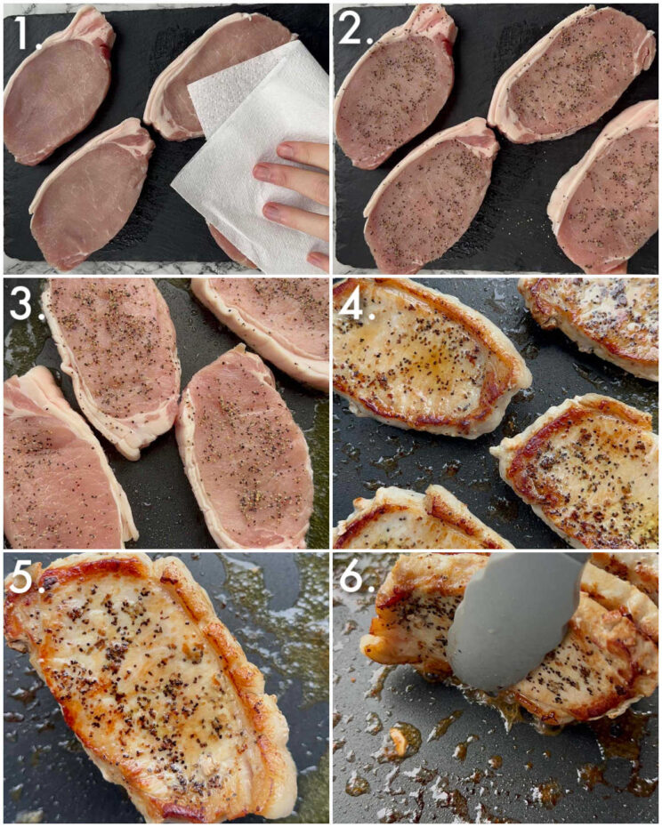 6 step by step photos showing how to cook pork chops