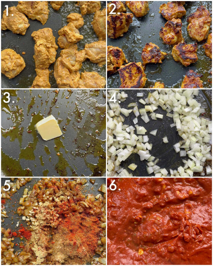 6 step by step photos showing how to make butter chicken