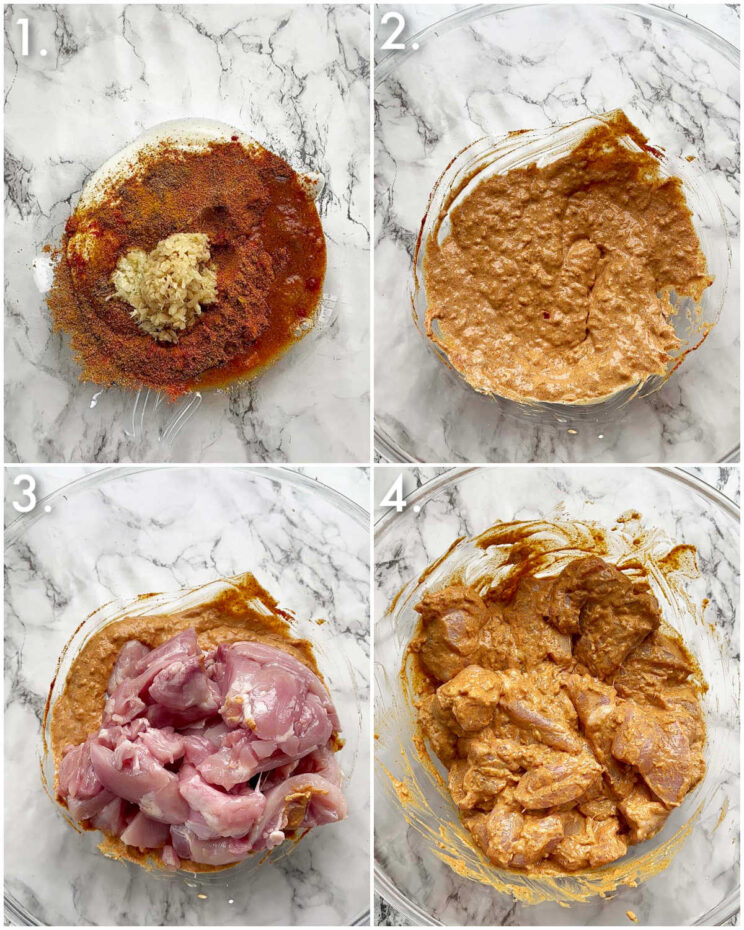 4 step by step photos showing how to make butter chicken marinade