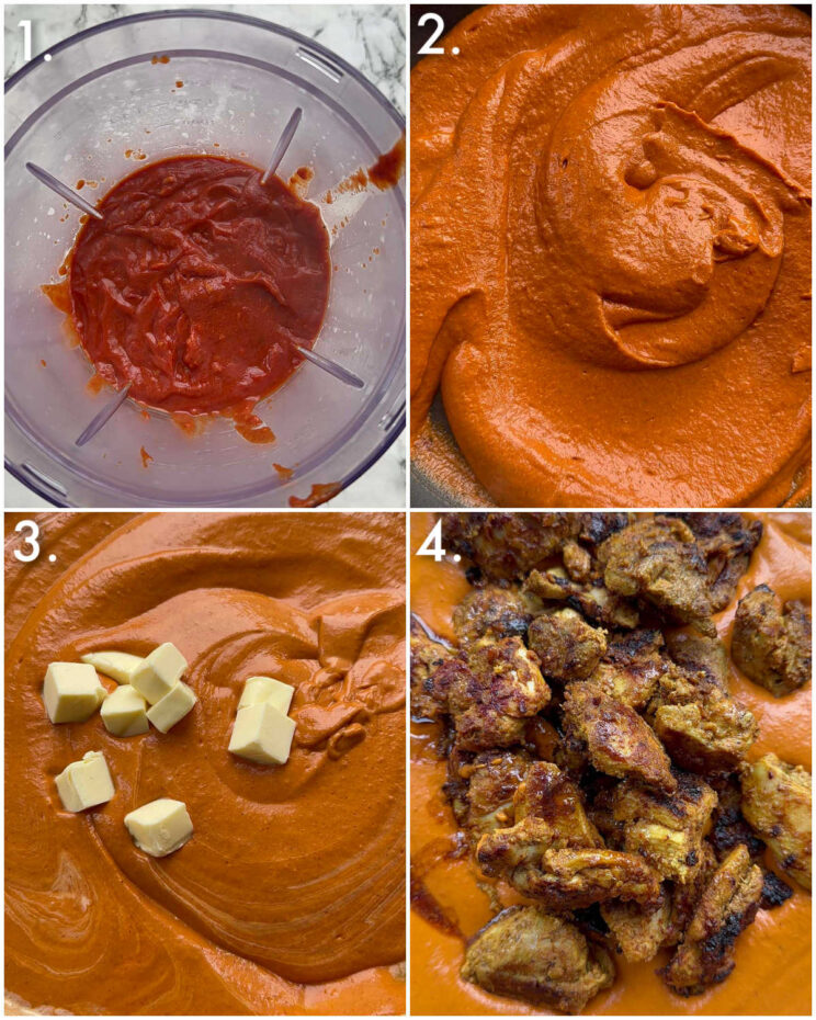 4 step by step photos showing how to make butter chicken sauce