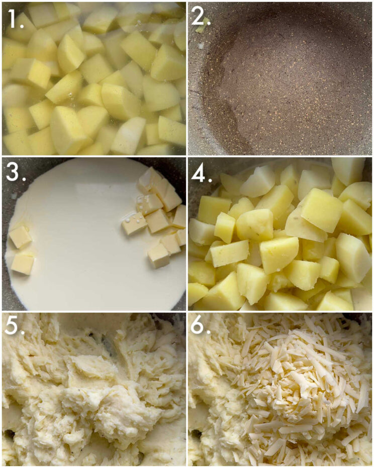 6 step by step photos showing how to make cheesy mashed potato