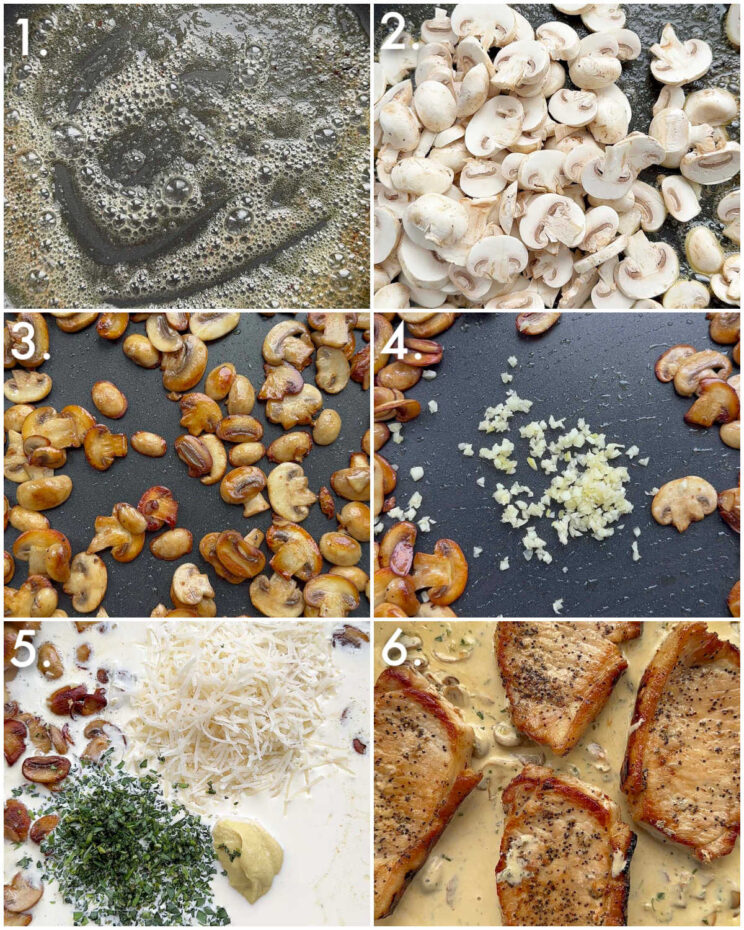 6 step by step photos showing how to make creamy mushroom pork chops