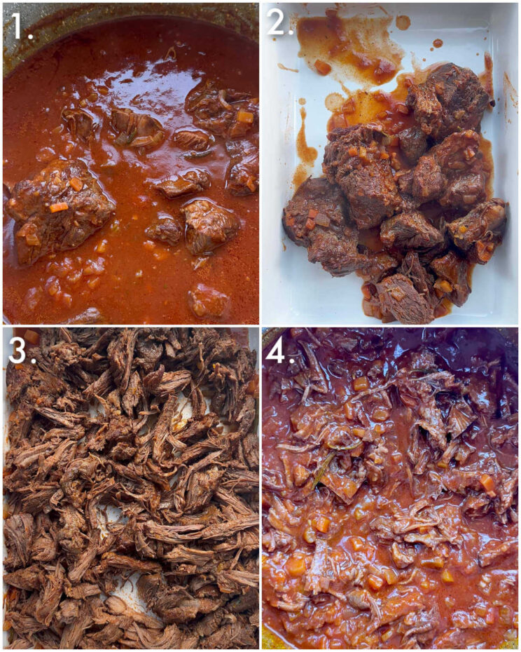 4 step by step photos showing how to make shredded beef ragu