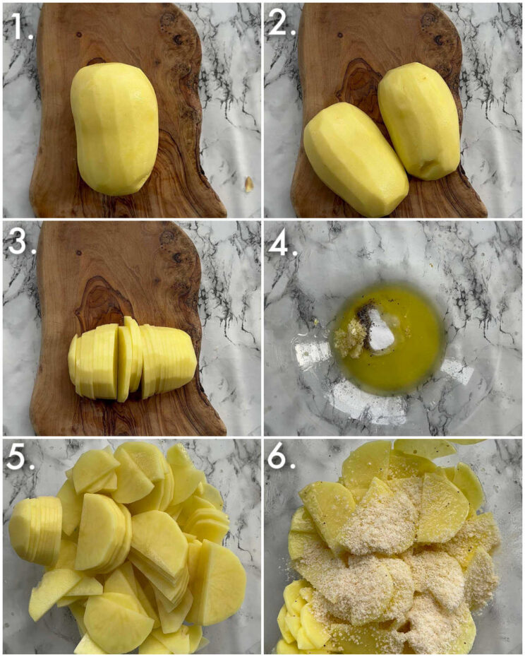 6 step by step photos showing how to slice potato gratin