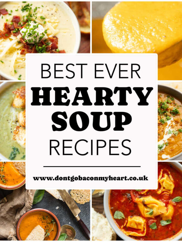 hearty soup recipes collage thumbnail with text overlay