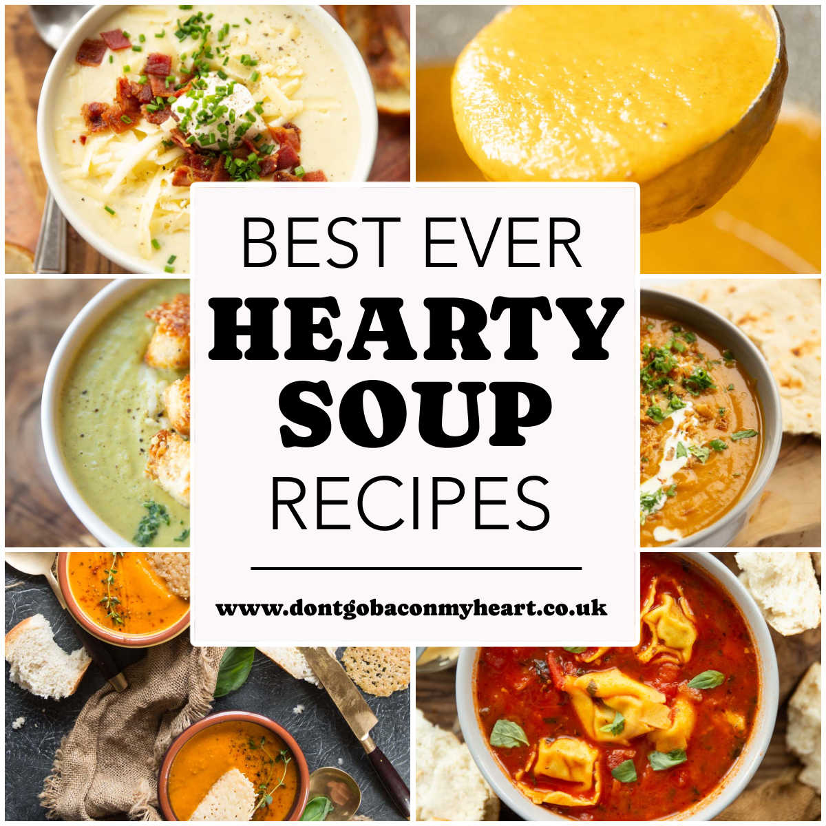 hearty soup recipes collage thumbnail with text overlay