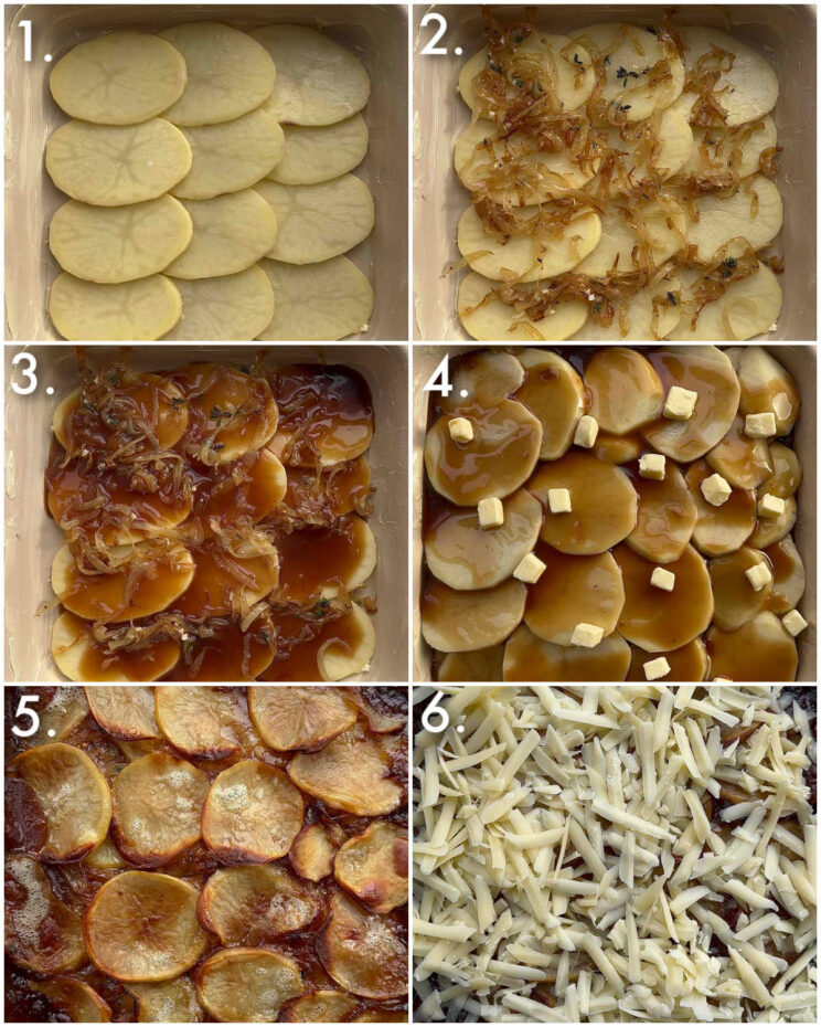 6 step by step photos showing how to make boulangere potatoes