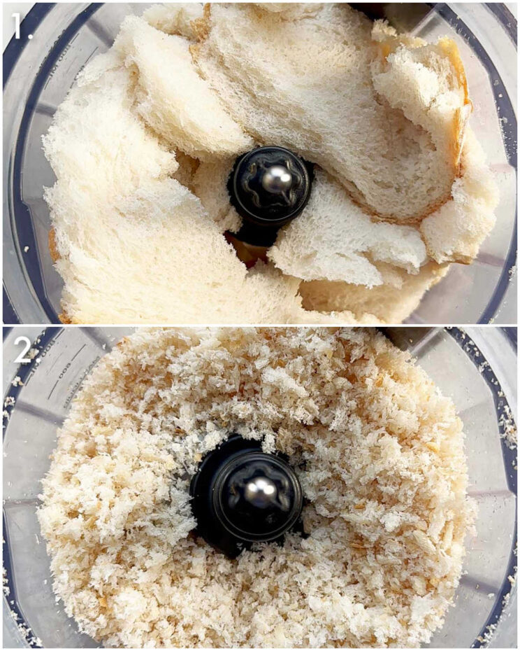 2 step by step photos showing how to make breadcrumbs