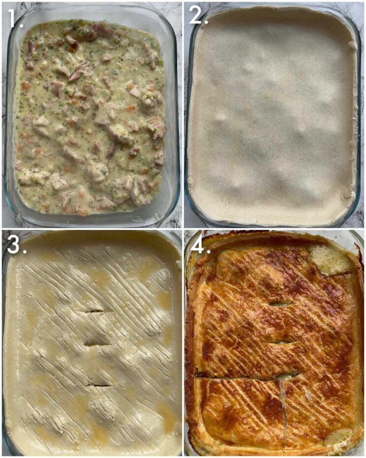 4 step by step photos showing how to make chicken ham pie