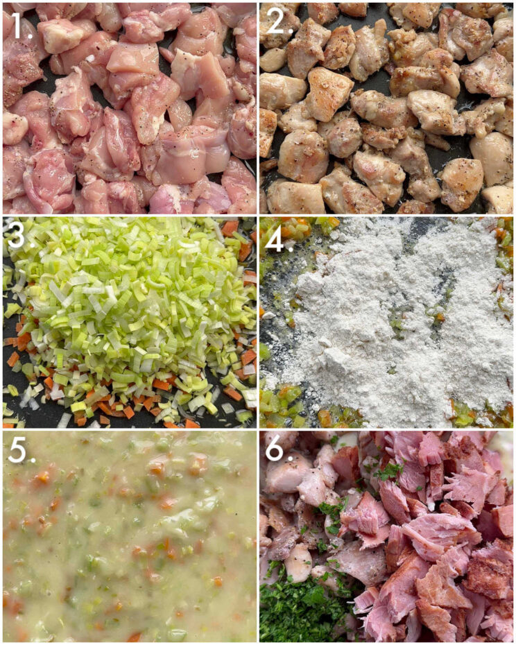 6 step by step photos showing how to make chicken and ham pie filling