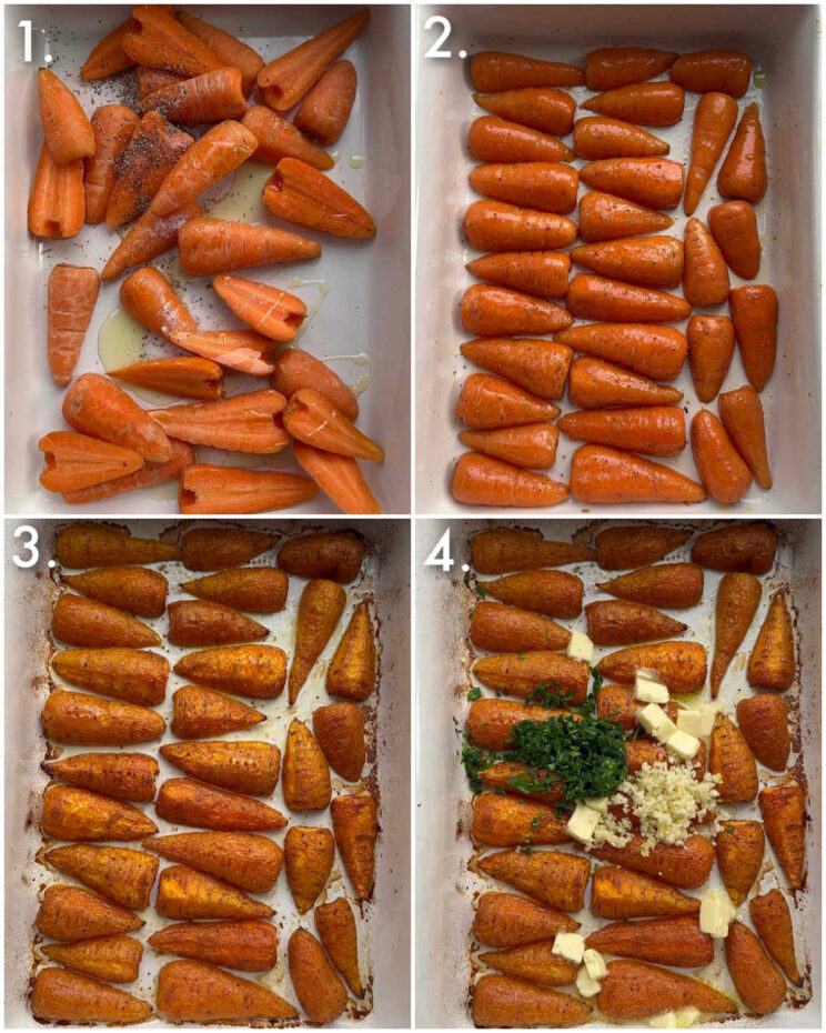 4 step by step photos showing how to make garlic butter carrots