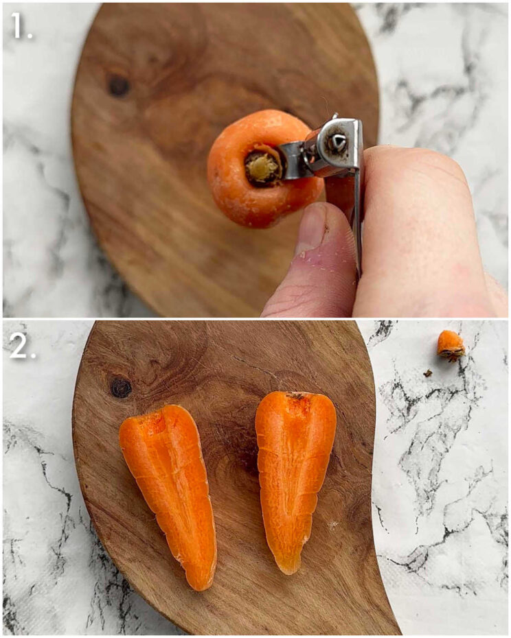 2 step by step photos showing how to prepare chantenay carrots