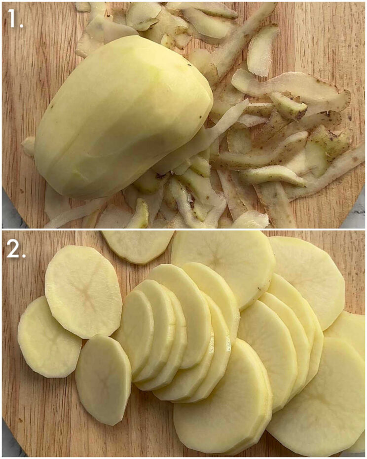 2 step by step photos showing how to slice potatoes boulangere