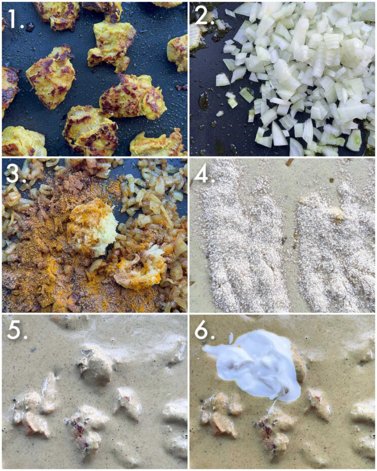 6 step by step photos showing how to make chicken korma