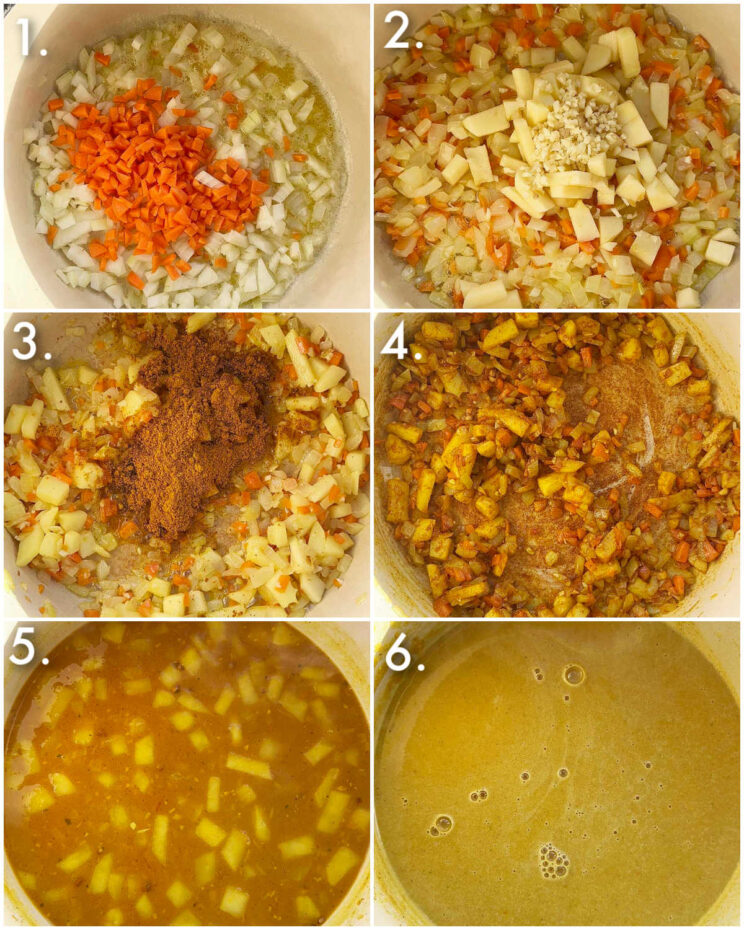 6 step by step photos showing how to make chip shop curry sauce