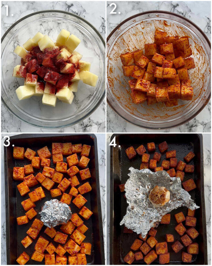 4 step by step photos showing how to make paprika parmentier potatoes