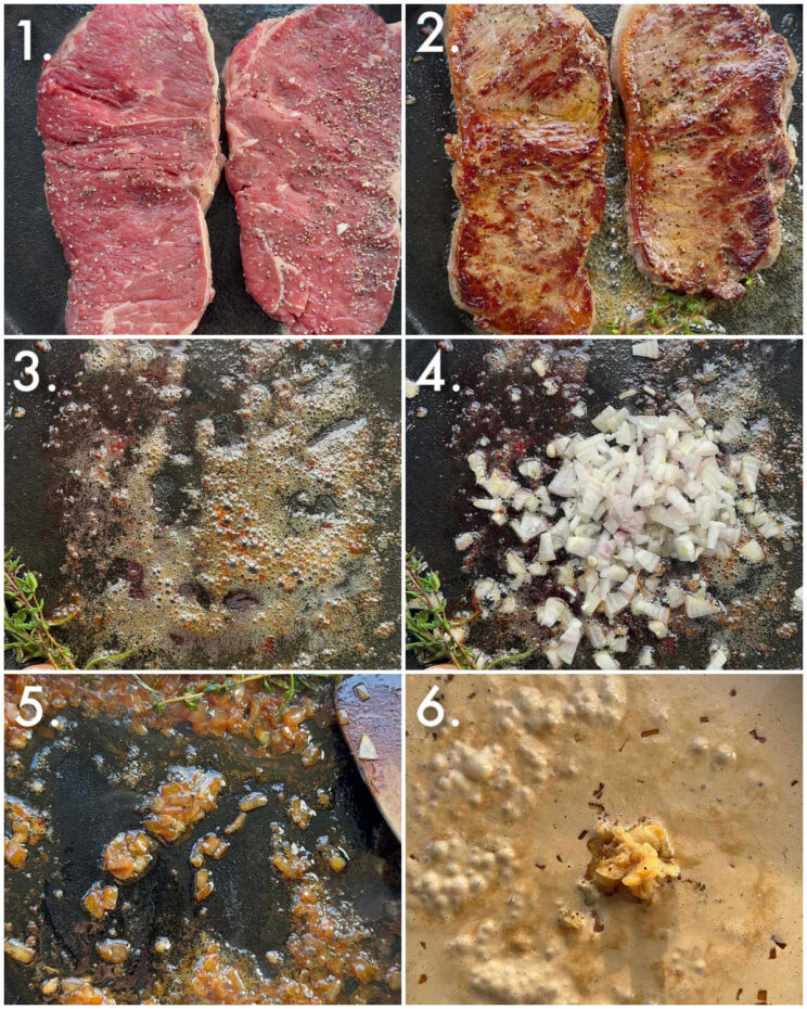 6 step by step photos showing how to make steak and creamy garlic sauce