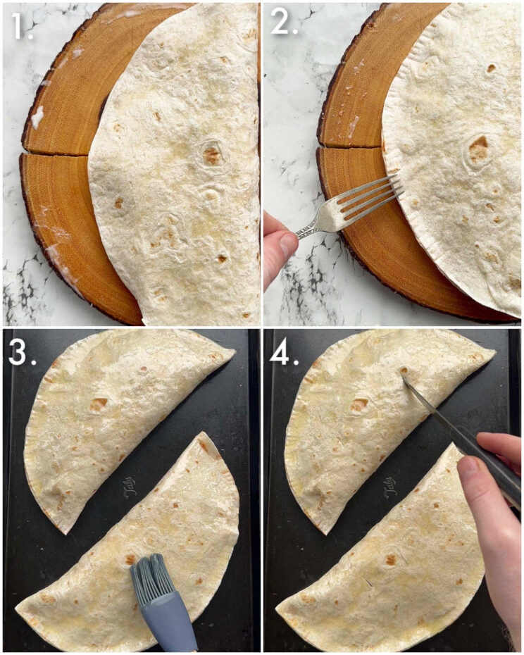 4 step by step photos showing how to make tortilla calzone