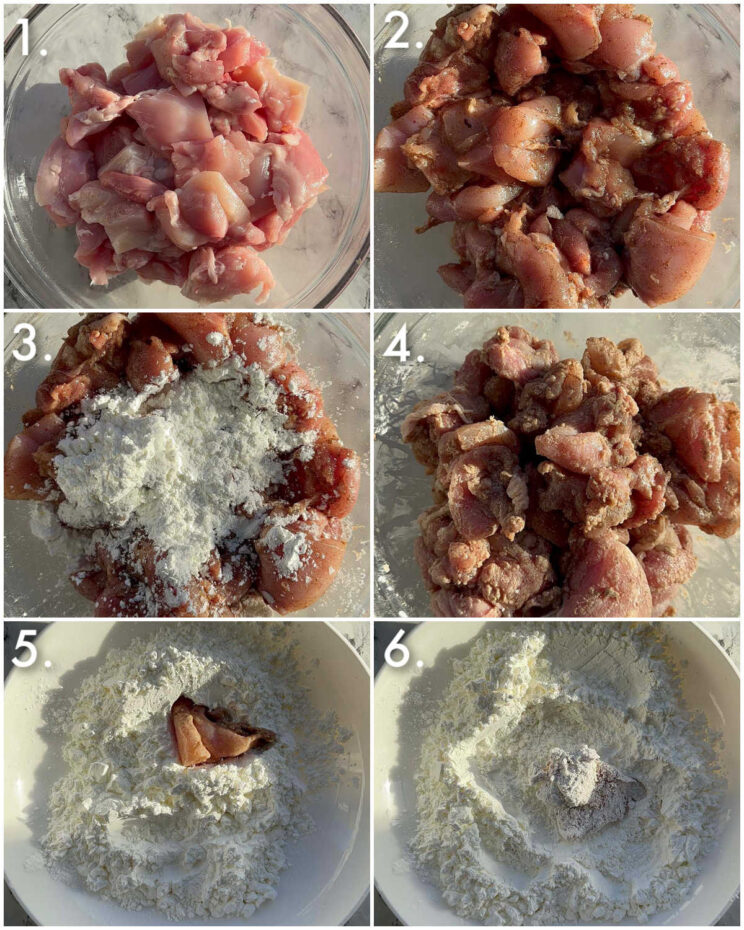 6 step by step photos showing how to prepare salt and chilli chicken