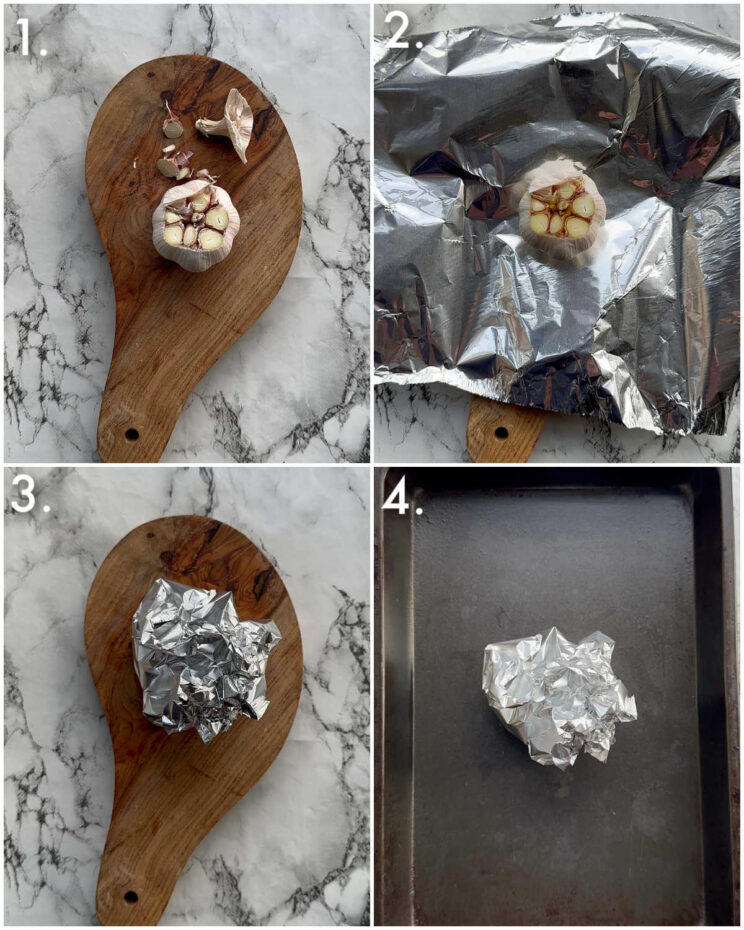 4 step by step photos showing how to roast garlic