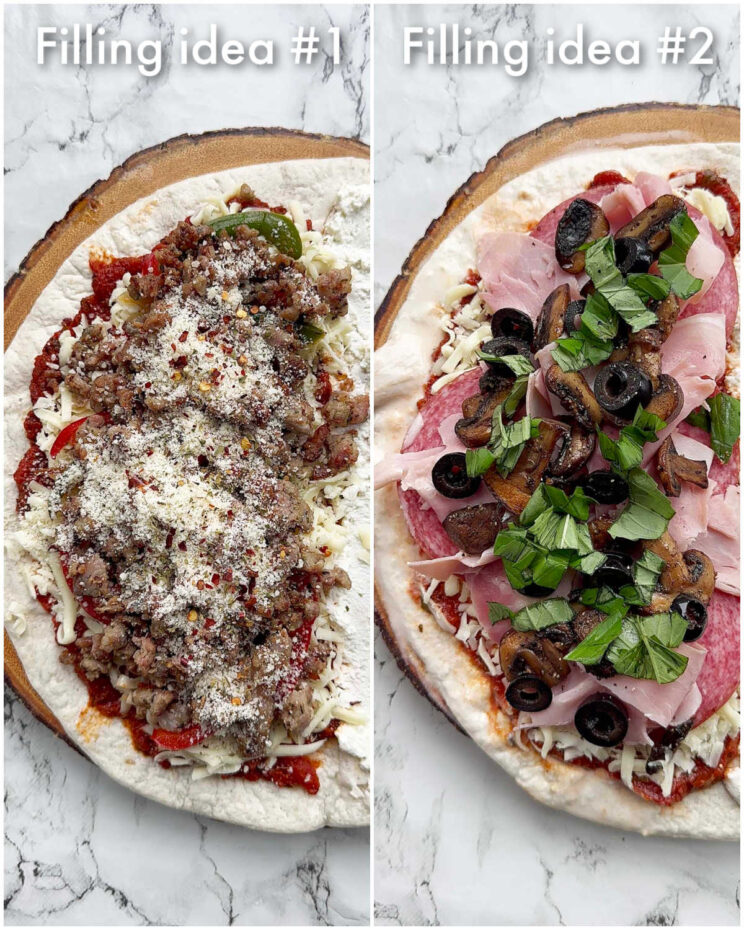 2 side by side photos showing tortilla calzone filling ideas