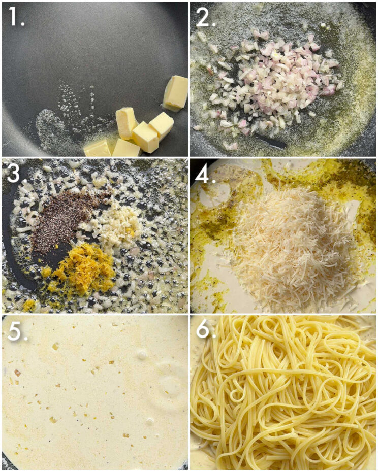 6 step by step photos showing how to make creamy lemon pasta