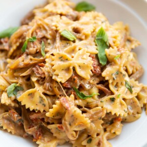 close up shot of caramelised onion pasta in large white bowl